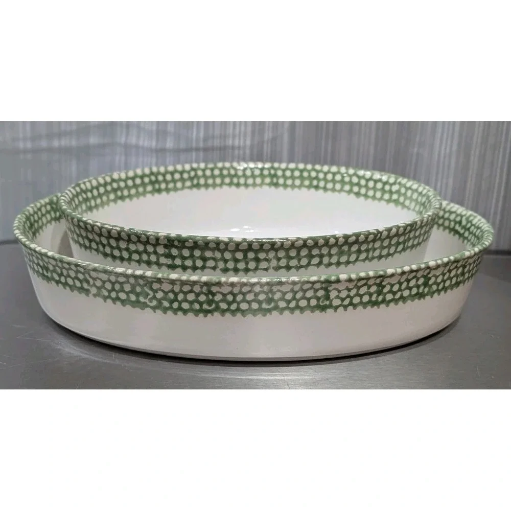 Vintage Teamson Stoneware Oval Baking Casserole Dishes Cow Pattern 1995 Set Of 2